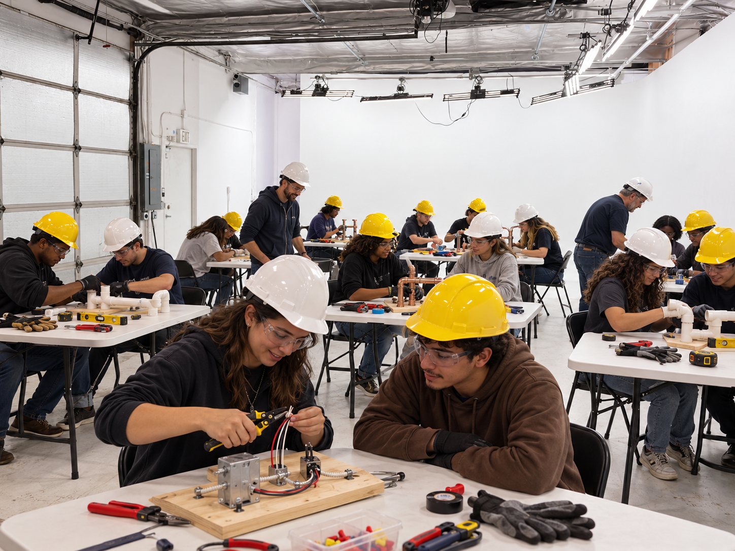 Illustrative concept: paired students in hard hats and safety glasses trying wiring and pipe work at portable tables in the white MB Studio cyclorama, with the real ceiling lighting rig, left garage door and a supervising instructor