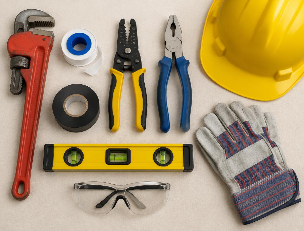 Illustrative tool collection with hand tools, gloves, hard hat and safety glasses; not the final Electrical kit